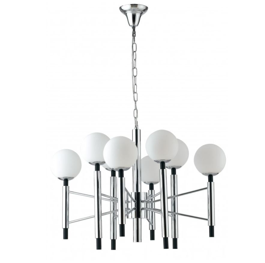 Sospensione 8 luci struttura metallo cromato-nero sfere vetro opale 8XE14 non incl. HAMMOND Sospensione 8 luci struttura metallo cromato-nero sfere vetro opale 8XE14 non incl. HAMMOND